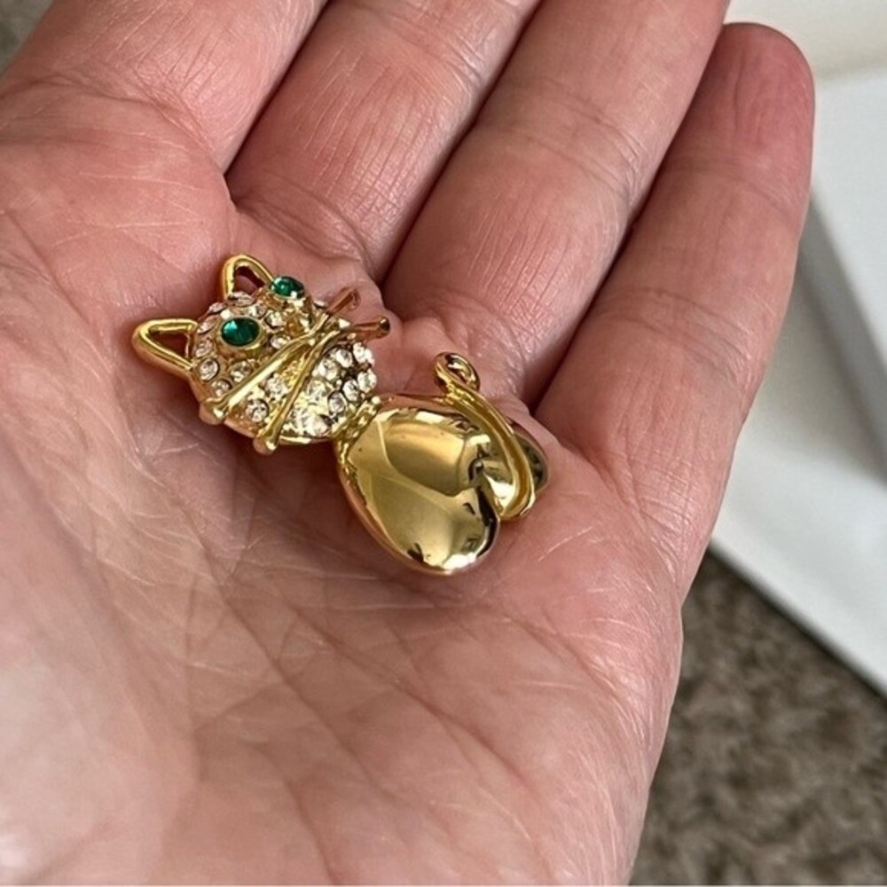 Kitty Cat Pin‎ Brooch Rhinestones Gold Tone Metal - Picture 4 of 6